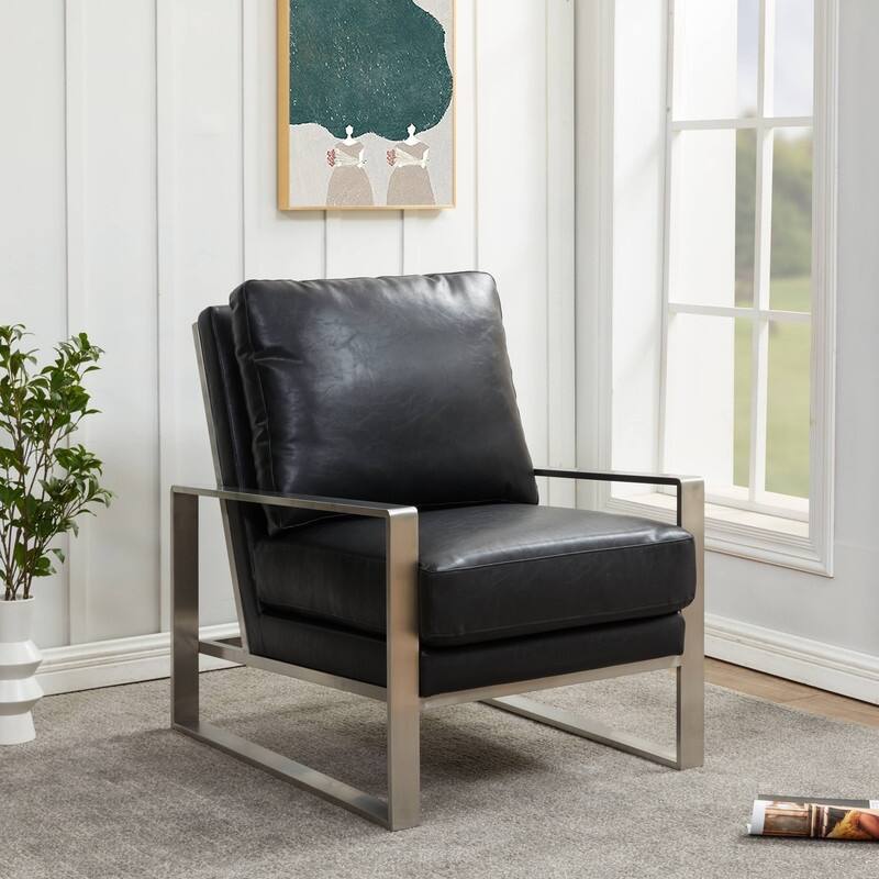Jefferson Contemporary Leather Accent Armchair with Silver or Gold Frame, Removable Cushions, and Durable Spring-Supported Seat