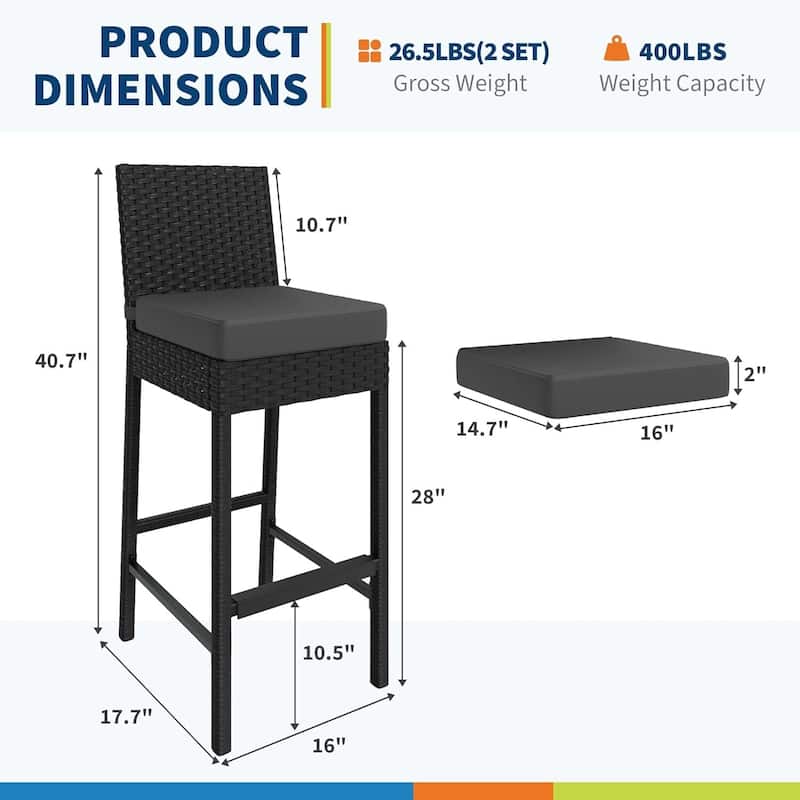 Patio Rattan Bar Stool with Cushions for Indoor Outdoor