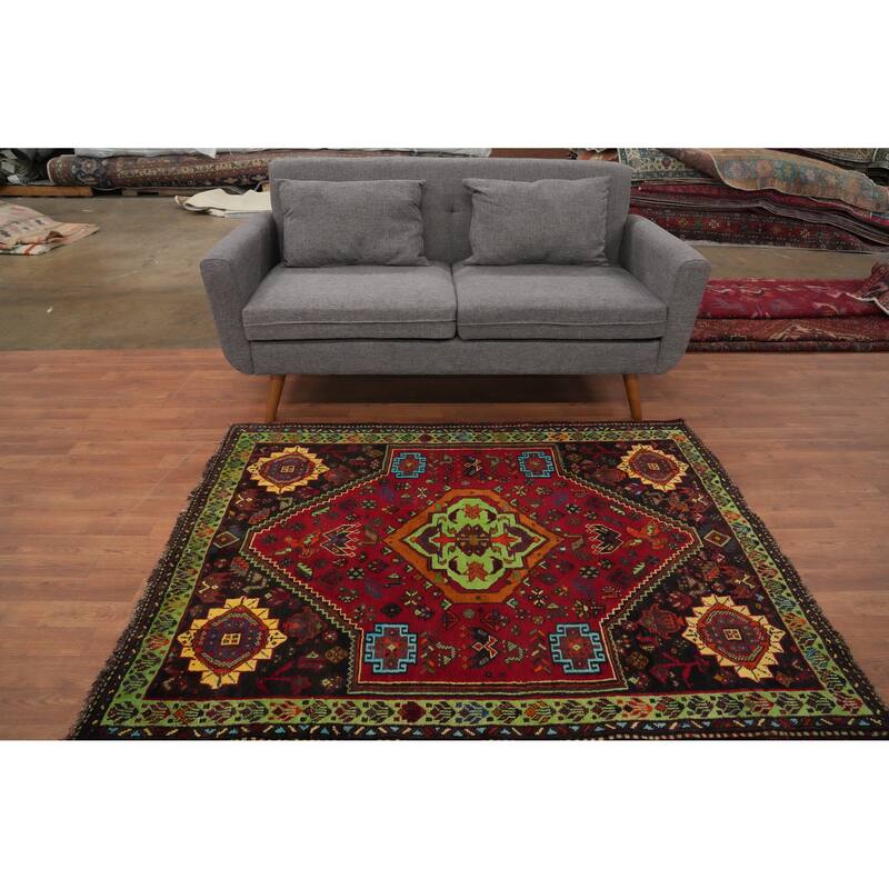Hand Knotted Oriental 100% Wool Carpet Traditional Medallion Red Shiraz Area Rug - 5' 7'' X 4' 2''