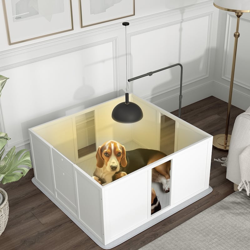 PawHut Whelping Box for Dogs, Newborn Puppy Supplies with Retractable Light Stand, Waterproof Pee Pad, 39" x 38"