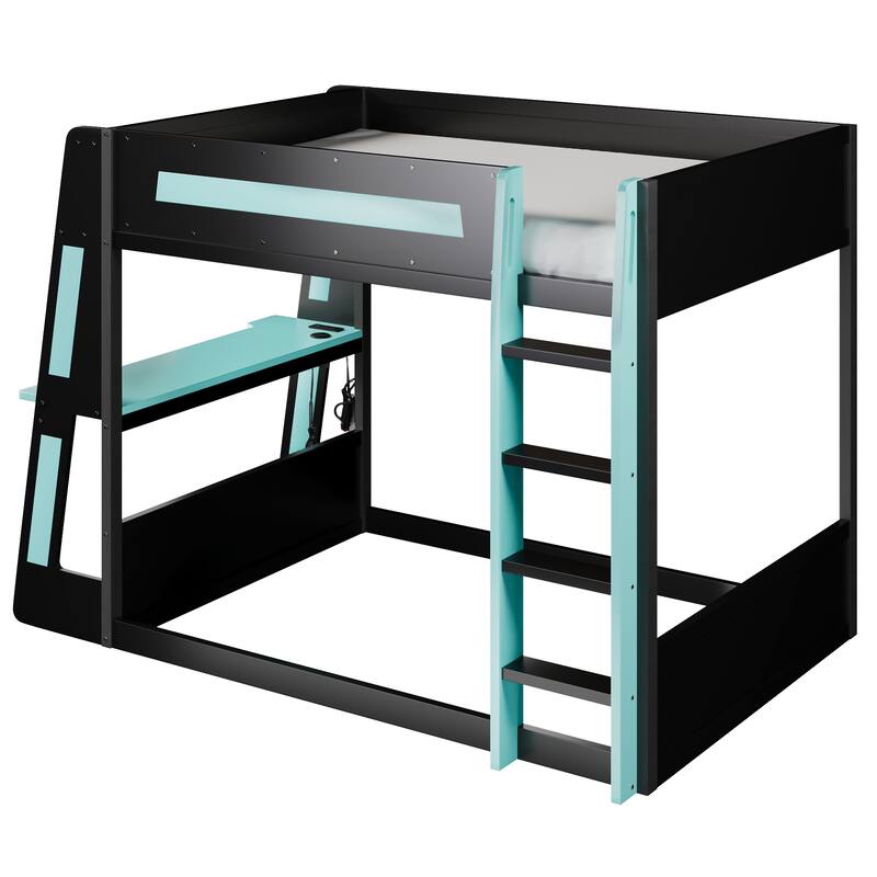 Gaming Bunk Bed with Computer Desk, Storage Shelves, USB Port and LED Strip Lighting, Esports Design, Wooden Gaming Bed