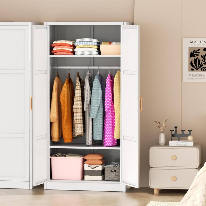 72'' Metal Armoire Wardrobe Closet with Wooden Handle and Hanging Rods, Clothing Closet Storage Cabinet with Adjustable Shelves - White