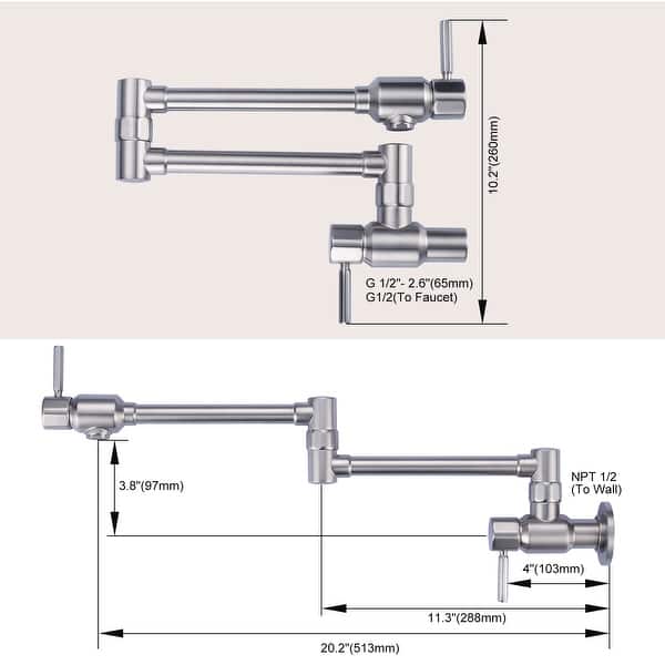 dimension image slide 5 of 7, WOWOW Wall Mounted Pot Filler Faucet with Double Joint Swing Arms