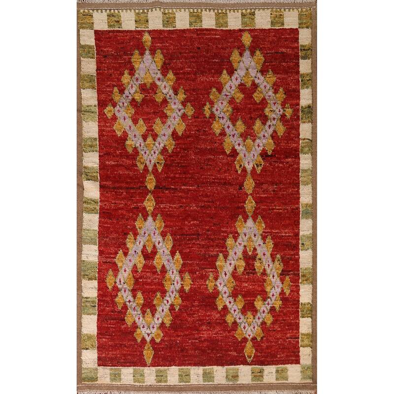 Hand Knotted Oriental 100% Wool Carpet Modern Geometric Red Moroccan Area Rug - 8' 2'' X 5' 5''