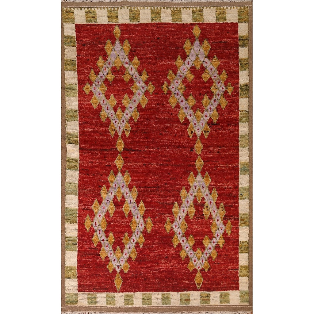 Hand Knotted Oriental 100% Wool Carpet Modern Geometric Red Moroccan Area Rug - 8' 2'' X 5' 5''