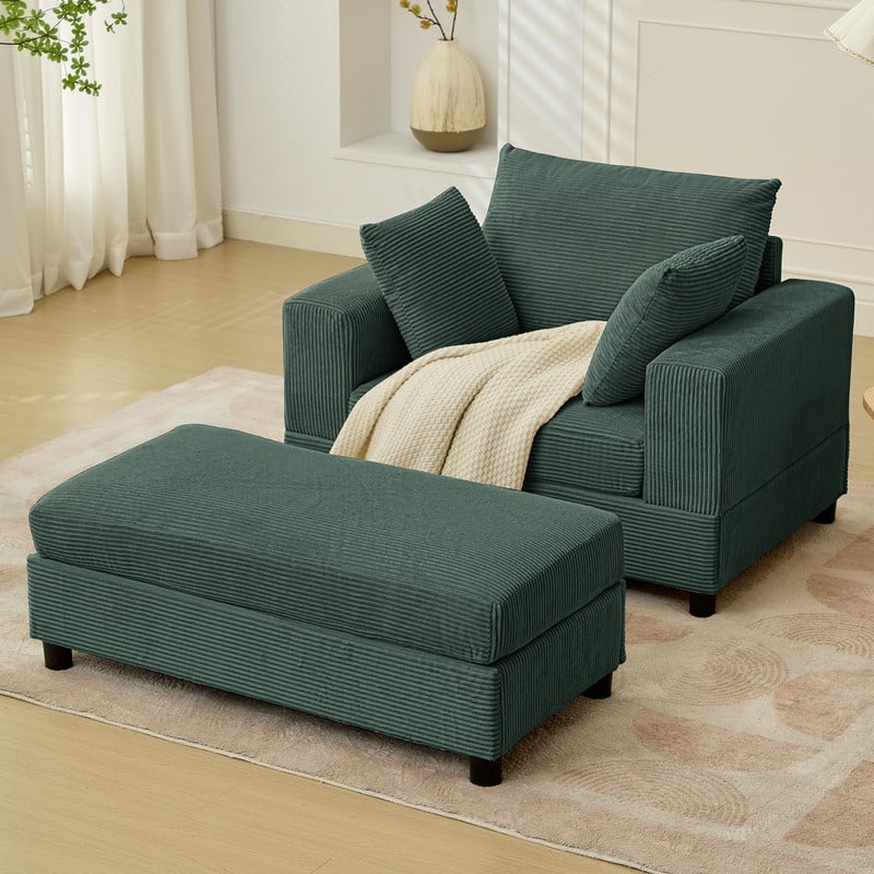 Mixoy 50 "D Sofa Chair with Ottoman, 2 Cushions, Large Corduroy Upholstered Comfy Chaise Lounge Deep Seat Sleeper Chair Indoor