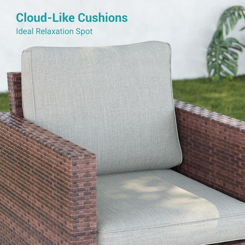 BONOSUKI 3Pcs Patio Swivel Rocking Sofa Set Brown Rattan w/Glass Table