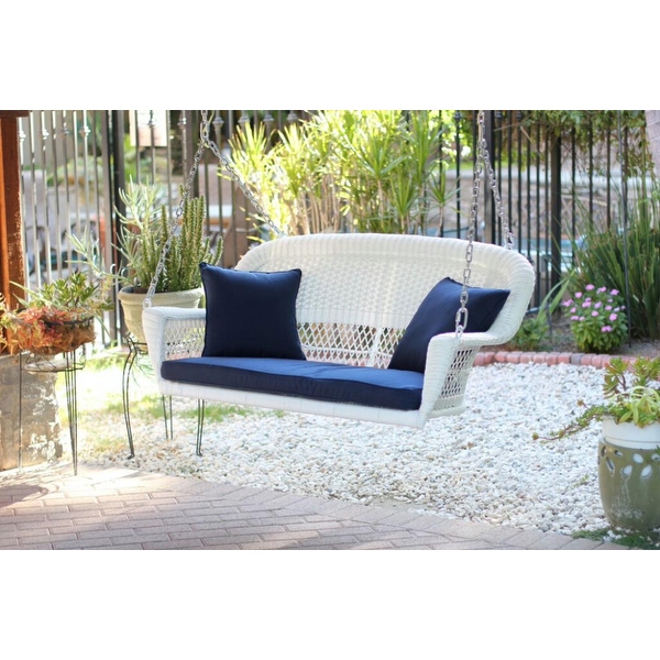51.5 Hand Woven White Resin Wicker Outdoor Porch Swing with Blue Cushion Bed Bath Beyond 17142757