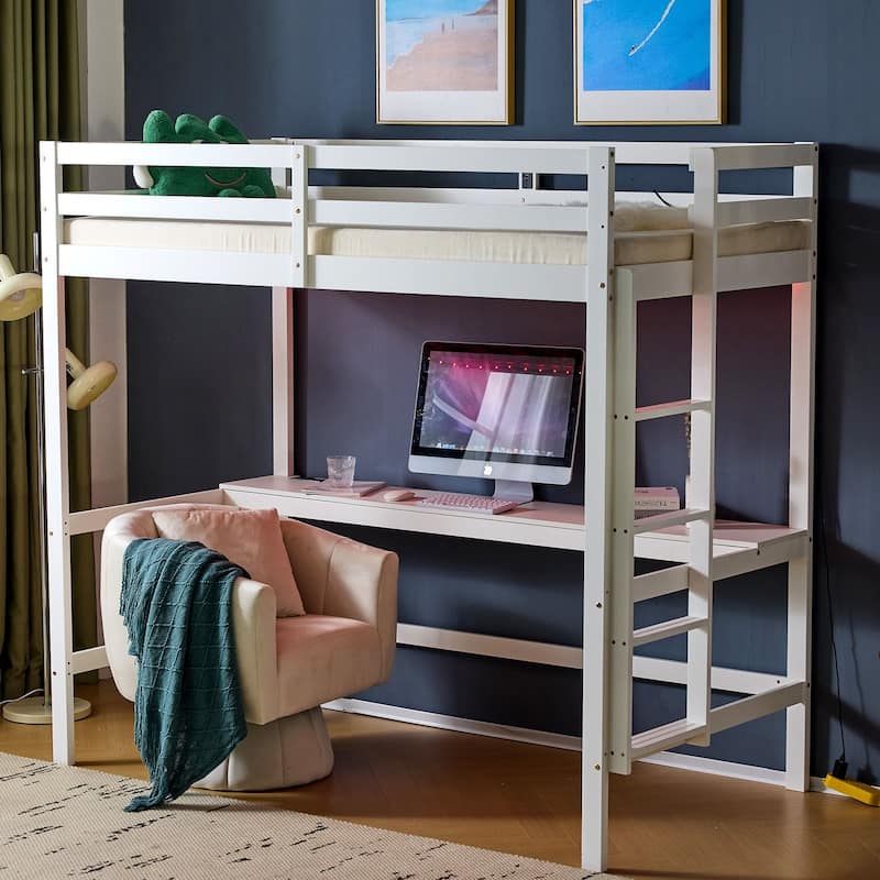 Wood Loft Bed with Desk Twin Size with RGB LED for Adults, 2 Charging Station
