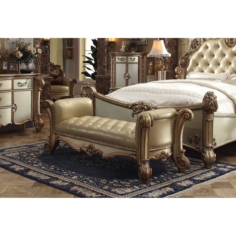 Casada Bench with Button Tufted - Bone/Gold Patina