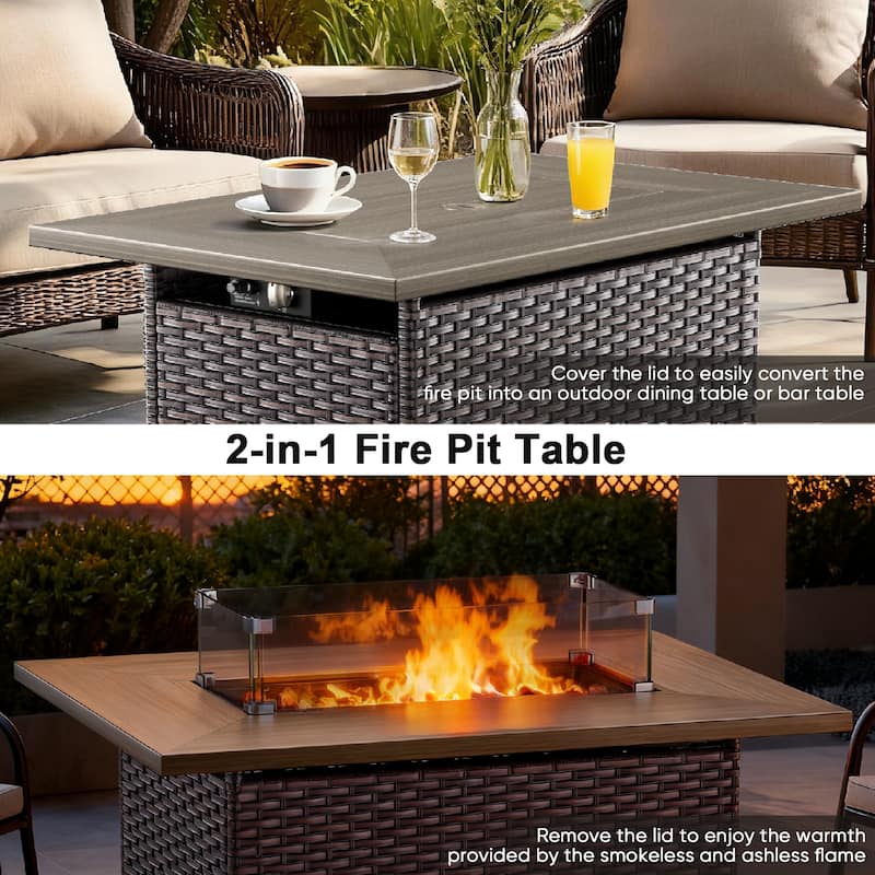 Meyreso 41 in. Rectangular Brown Wicker and Metal Propane Gas Outdoor Fire Pit Table with Lava Rocks, 50000 BTU