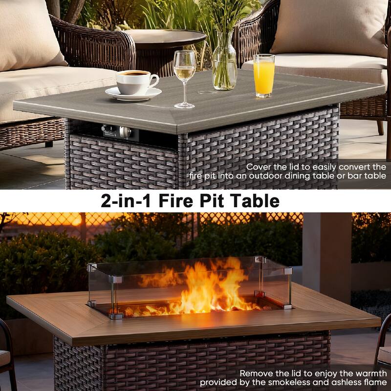 Meyreso Wicker Patio Conversation Set with Fire Pit Table & Olefin Cushions