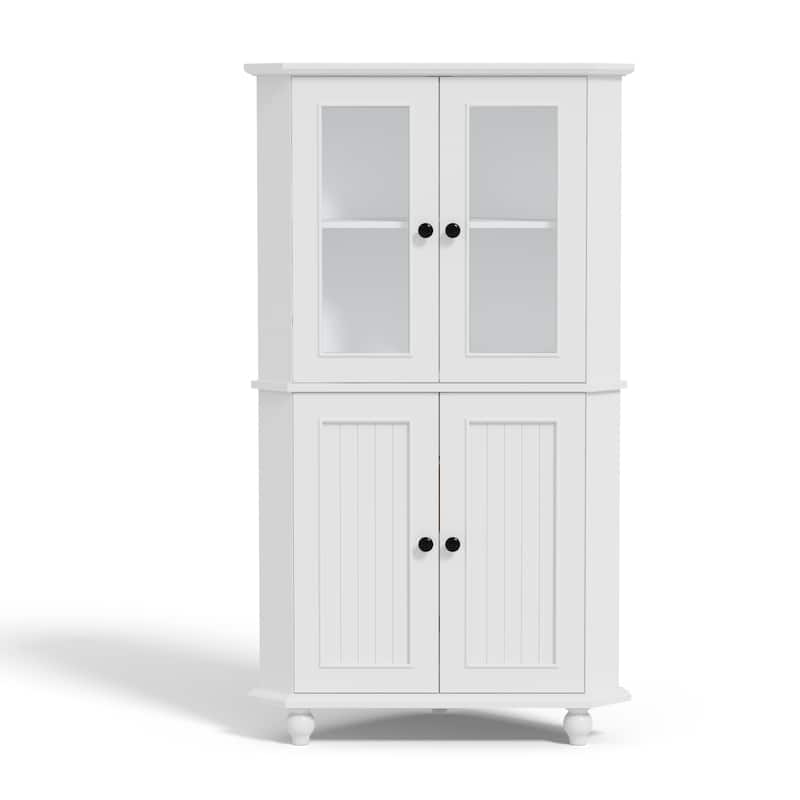 Free-Standing Corner Storage Cabinet with Doors and Shelves - White