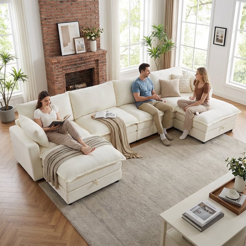 Modular Sectional Sofa for Living Room, U-Shaped Sofa Couch with Corduroy Fabric, 3/4 Seat Oversized Couch with Movable Ottoman