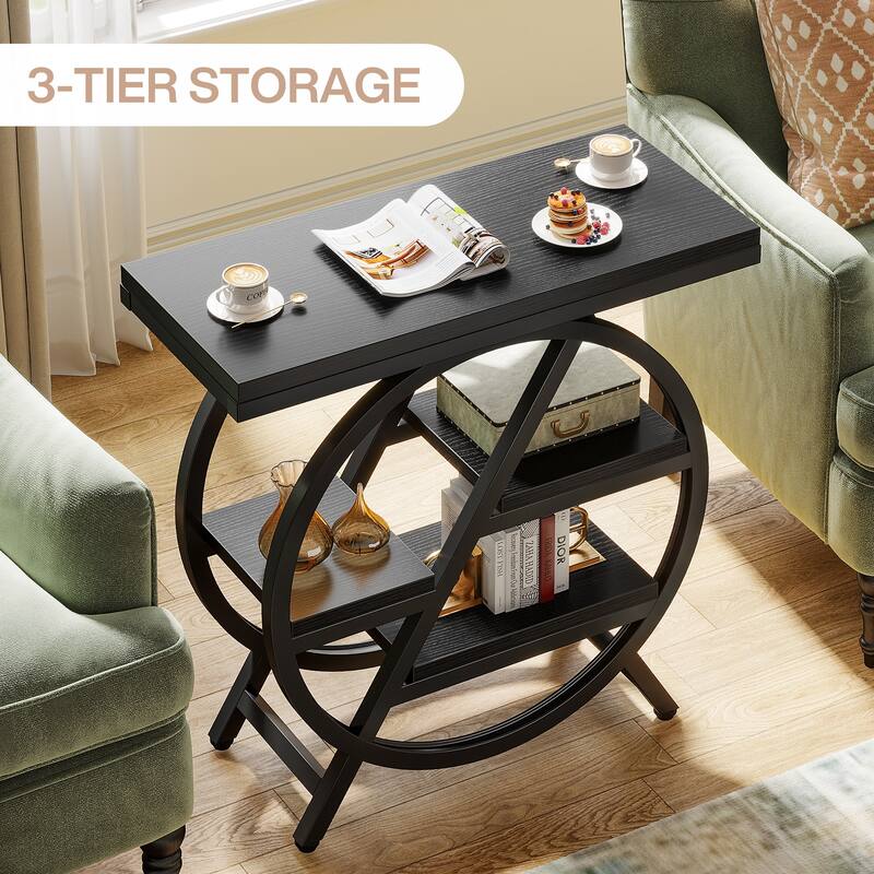 Narrow End Table, Side Table with Storage and Geometric Metal Frame