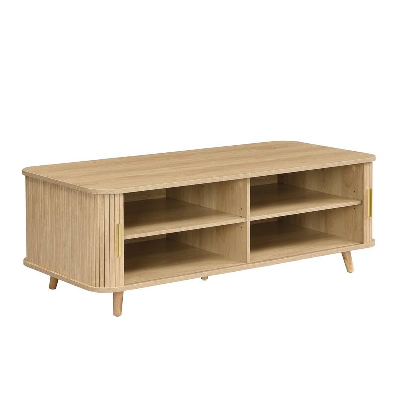 Aron Mid-Century Modern Coffee Table with Semi-Open Tambour Doors and 4 Hidden Storage Compartments, 47.24"