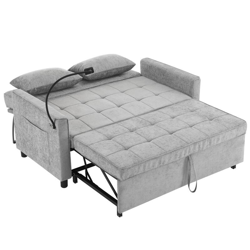 Roomfitters Loveseat Pull-Out Sofa Bed with Reversible Backrest Cushion, Side Pockets, USB Ports, and Phone Holder