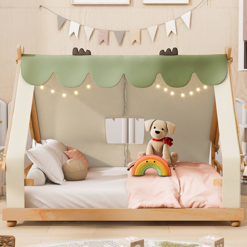 House Bed with Antler Accents Light Tent and Roof Wood Bed Frame