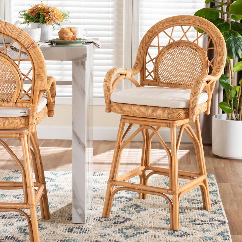 Adam Natural Rattan Counter Stool with Cushion - Handwoven Wicker Swivel Bar Chair for Kitchen Island or Lounge Area