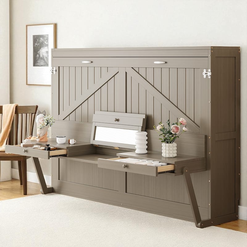Queen Size Murphy Wall Bed with Storage, Foldable Cabinet Bed with Vanity Desk, Mirror & 2 Drawers