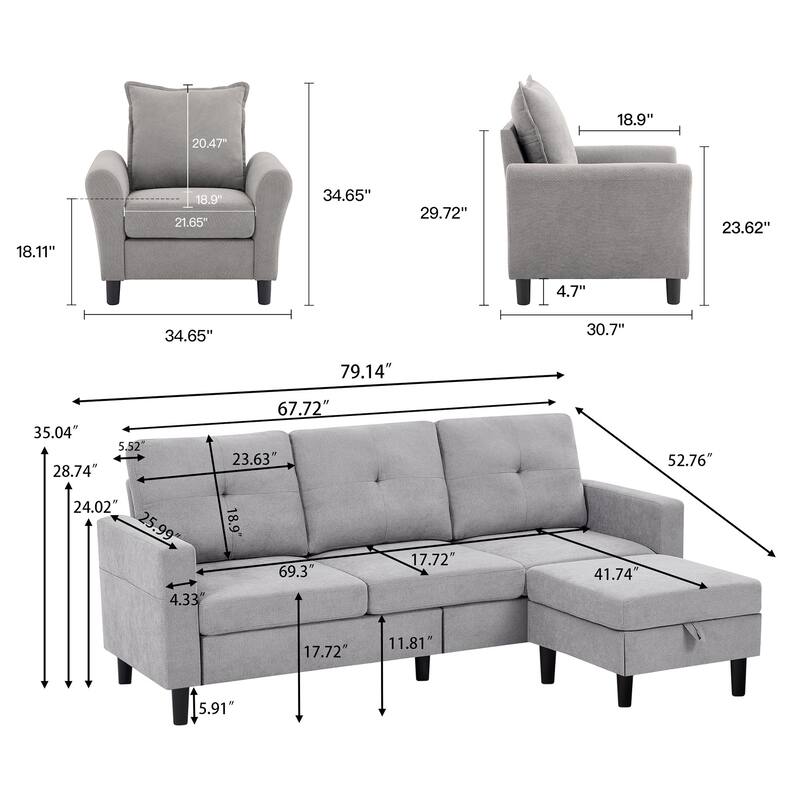 3 Pieces Living Room Set with Storage Ottoman