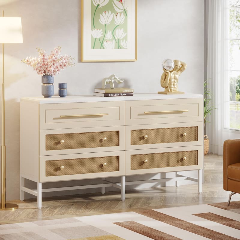 Modern Rattan Dresser 6 Drawer Dressers Chests of Drawers for Bedroom