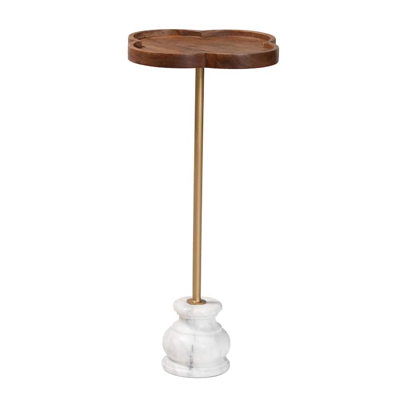 Gezana Drink Table with Marble Base - Compact Pedestal Accent Table with Clover Tray Top for Living Room or Sofa Side