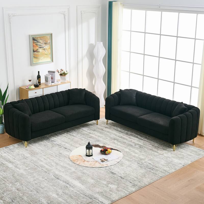Roomfitters Two 85" Modern Teddy Fabric Sofa Set with Gold Legs, Channel Stitched 2-Piece Living Room Furniture Set