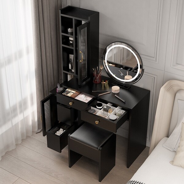 Modern Makeup Vanity Table Set with Side Cabinet and LED Mirror On Sale Bed Bath Beyond 40519126