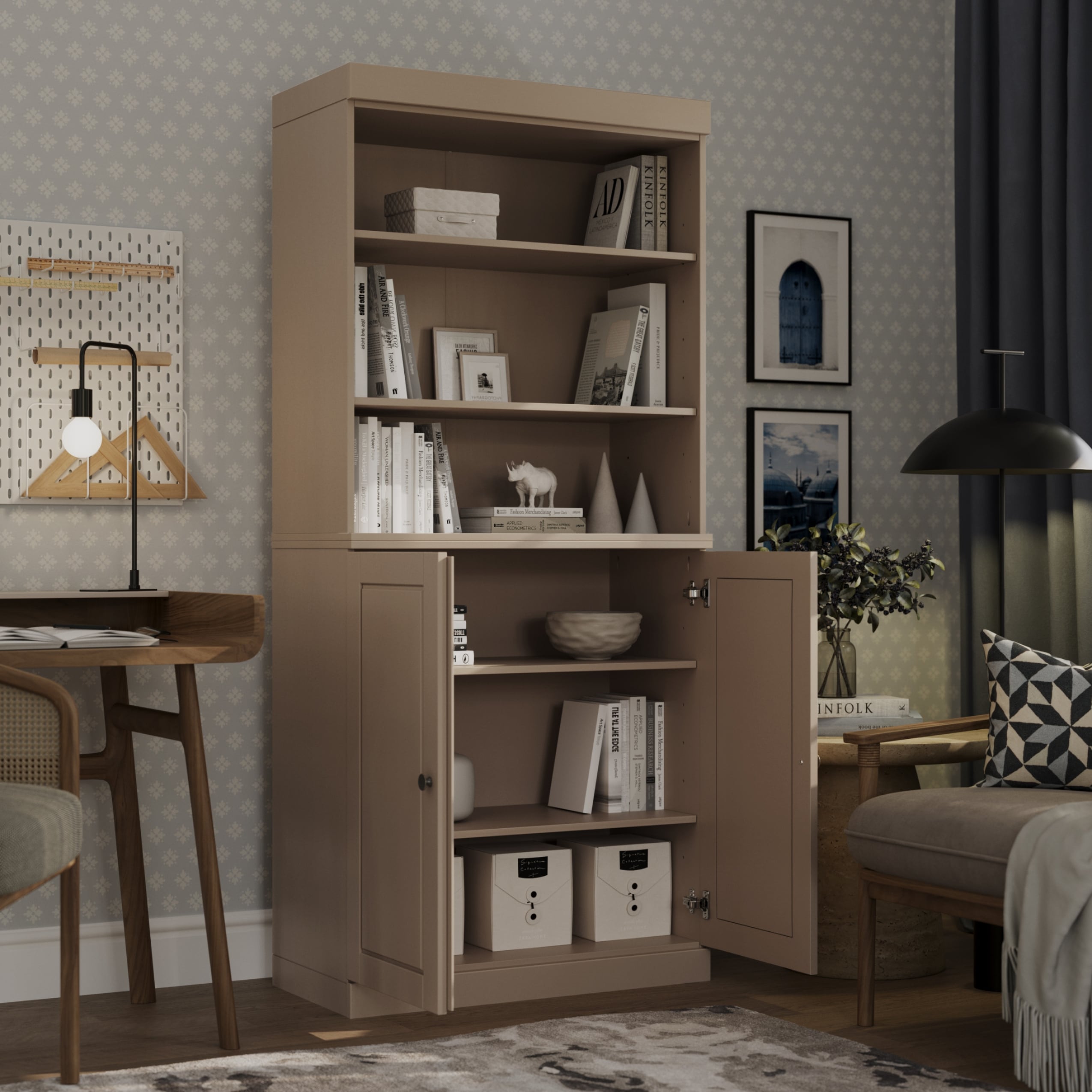 100% Solid Wood Tall Bookcase Cabinet with Doors & Adjustable Shelves, 32" W x 71.5" H, Palace Imports