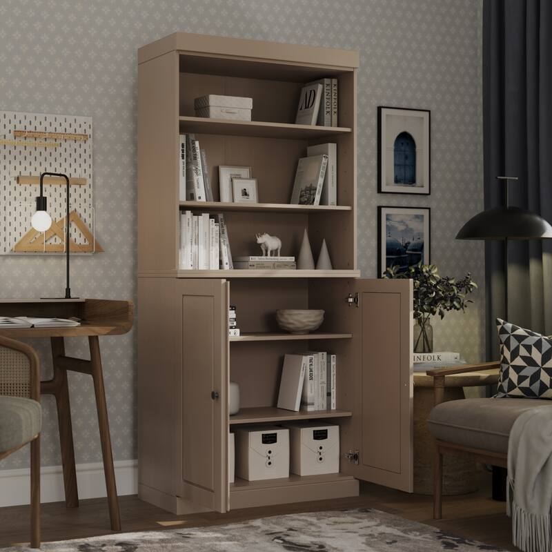 Palace Imports Solid Wood 6-Shelf Bookcase, Raised Panel Doors, Adjustable Shelves - Beige