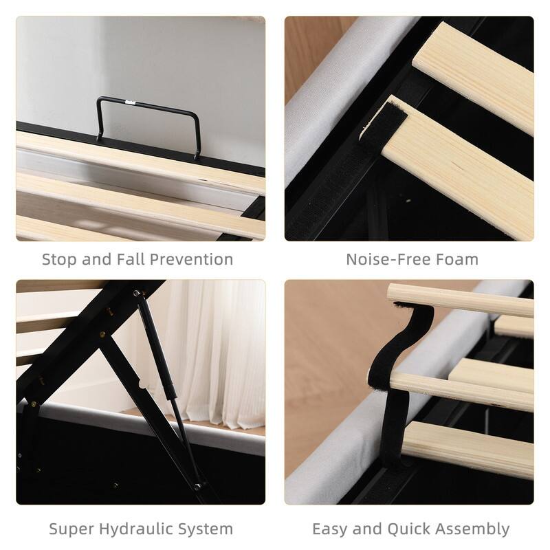 Plywood Frame Upholstered Platform Bed with Lift-up Storage Supported by Metal and Wooden Slats