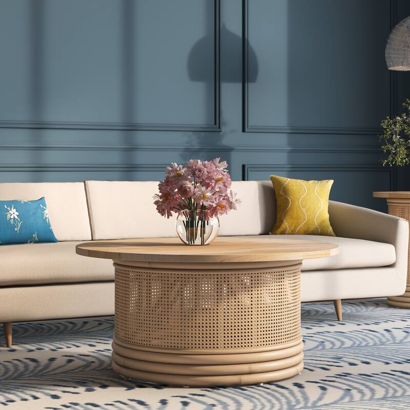 NPD Furniture Brisa Rattan Coffee / Side End Table with Wood Top - Coffee table