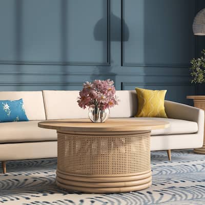 NPD Furniture Brisa Rattan Coffee / Side End Table with Wood Top