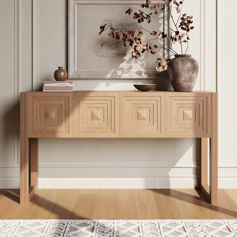 Christopher Knight Home - Modern Geometric Carved Console Table with Soft-Close Drawers & Fluted Legs for Living Room, Hallway - Light Brown