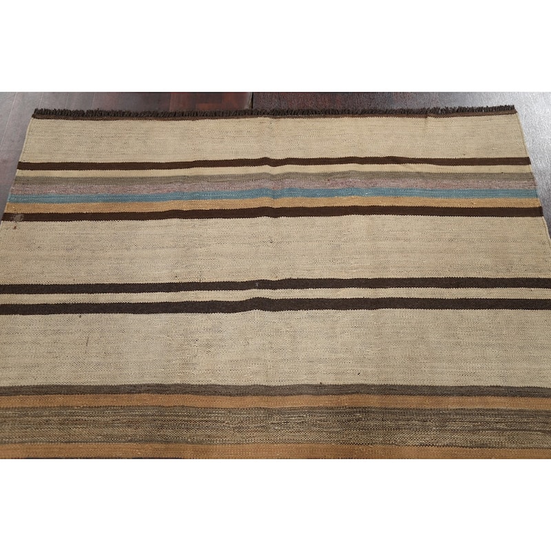 Natural Dye Striped Kilim Contemporary Wool Area Rug Flat-weave Carpet - 5'0" x 6'6"