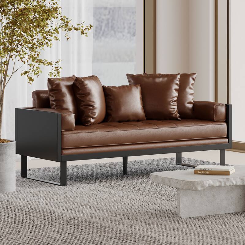 Contemporary Oversize PU Upholstered Loveseat with Pillows - Light Brown
