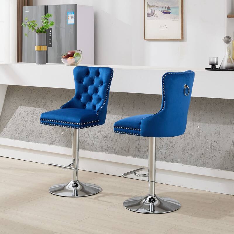 Thick Chrome Swivel Velvet Barstools,Adjustable Height,Modern Upholstered,Sponge&Spring（Set of 2)