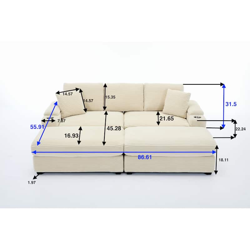 Modular Convertible Sectional Sofa with 2 Ottomans, 2 Seaters Corduroy Arms Couch, Loveseat Sofa with Cup Holders & USB Ports