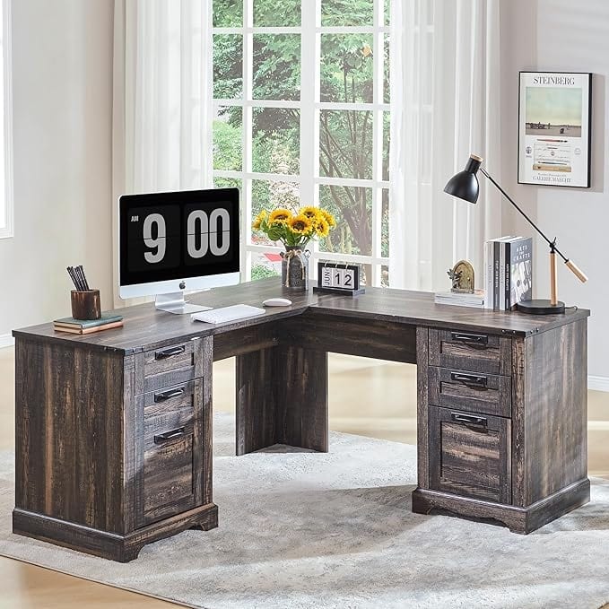 60" Farmhouse L Shaped Executive Desk, Wood Corner Desk, Computer Desk