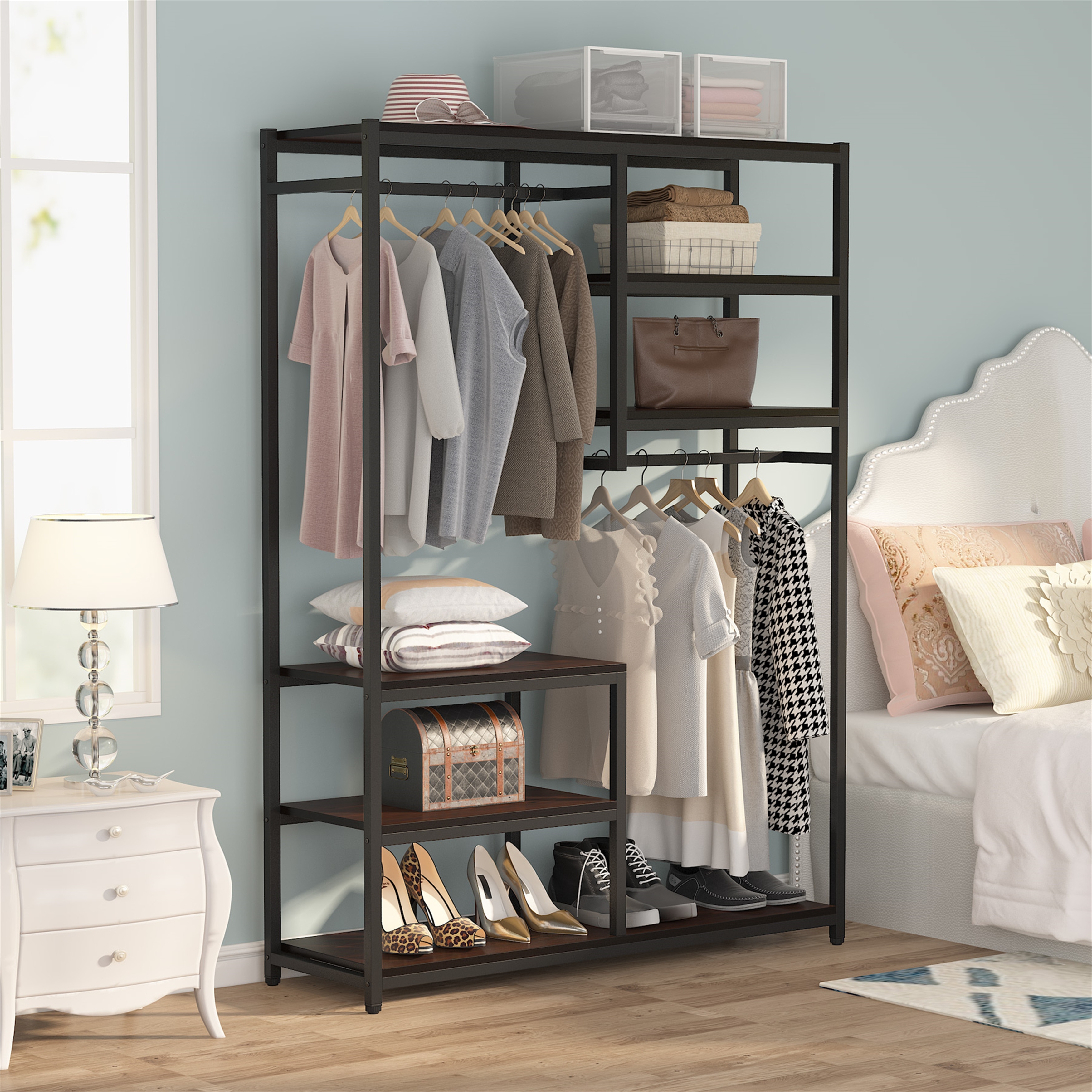 https://ak1.ostkcdn.com/images/products/is/images/direct/e6bb3d25c0144cab89eb7ea0a08677ae585ad897/Brown--Black-Industrial-Freestanding-Clothes-Garment-Racks-closet-Organizer-with-Double-Hanging-Rod.jpg