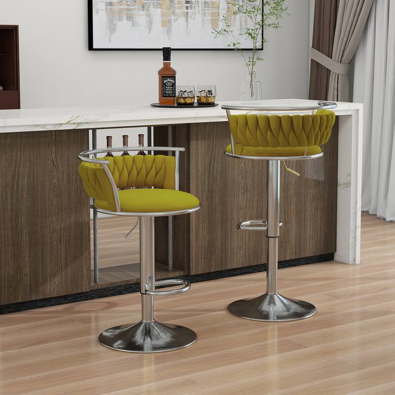 2 Set Velvet Swivel Adjustable Bar Stools with Footrest - Set of 2 - 0live Drab Silver 2Set