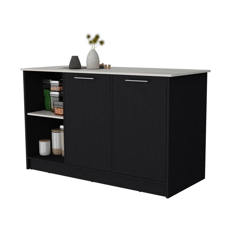 59" Kitchen Island with Large Countertop, Double-Door Cabinets, and Open Shelves, Ideal for Storage & Workspace