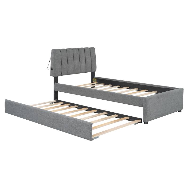 Twin Upholstered Platform Bed with Trundle, Soft Teddy Fleece, Stripe Headboard, and Smart LED Lights