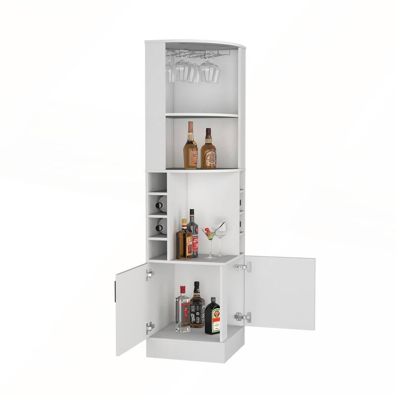 Corner Bar Cabinet with Glass Rack and Eight Built-In Wine Racks for Modern Entertaining Spaces