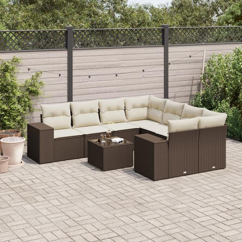 vidaXL Patio Sofa Set with Cushions Outdoor Furniture 9 Piece Poly Rattan - 21.7 x 21.7 x 14.6 - Brown and cream