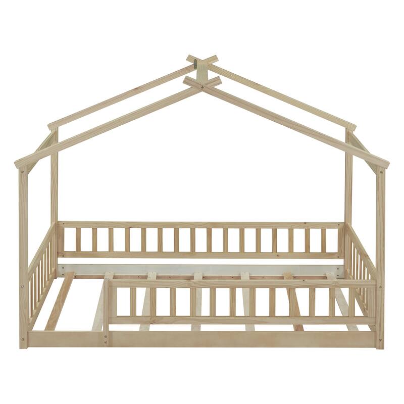 Wood Bed House Bed Frame with Fence for Kids