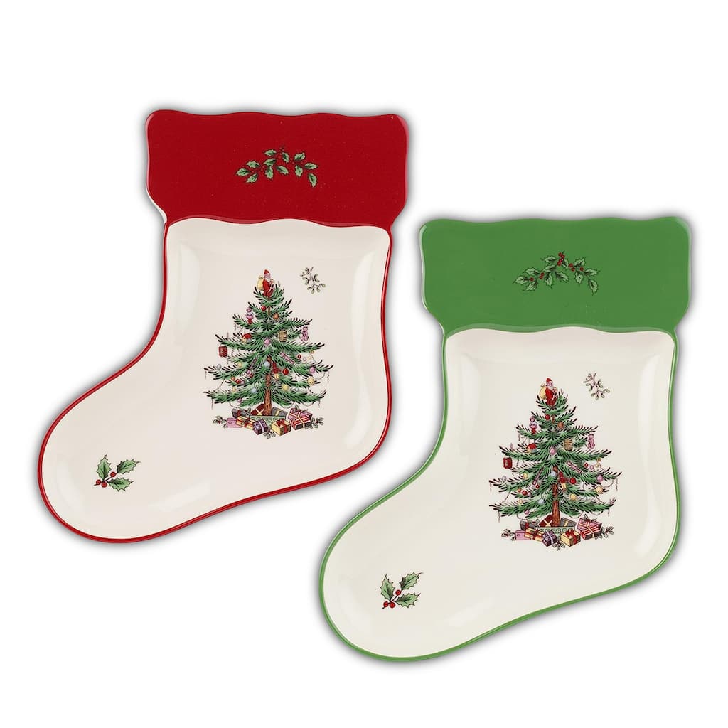 Spode Set of 2 Christmas Tree Stocking Dishes - 7" L x 5.5" W