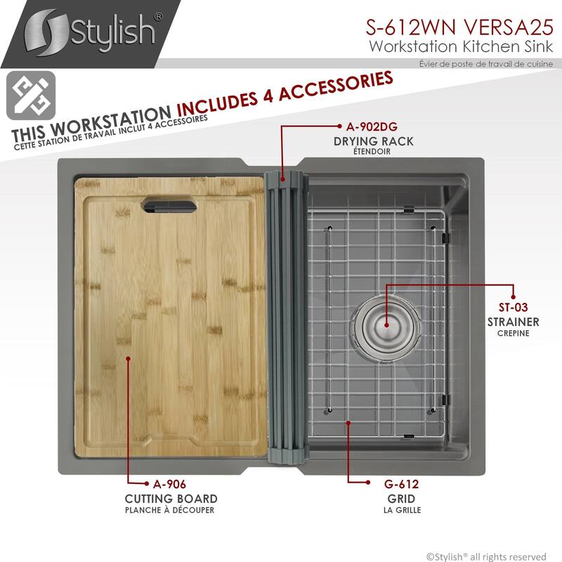 STYLISH 25 inches Workstation Single Bowl Undermount 16 Gauge Stainless Steel Kitchen Sink with Built in Accessories Handmade