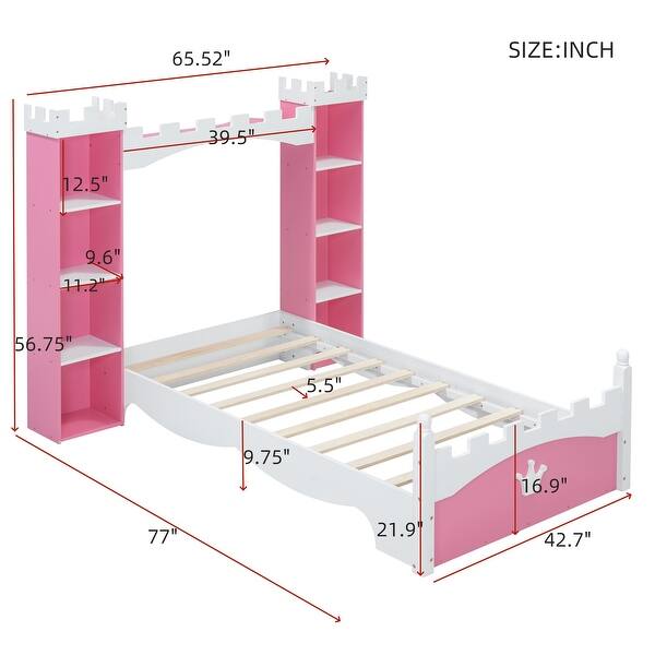 dimension image slide 1 of 2, Castle-Shaped Wooden Bed with Storage Shelf, Dreamy Twin Size Platform Bed for Kids Bedroom,Pink+ White